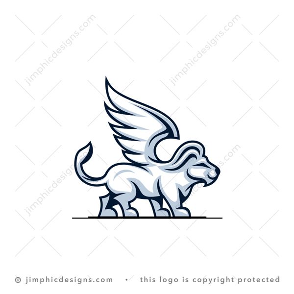 Winged Lion Logo logo for sale: Modern strong white lion in a walking motion with big wings on his back.