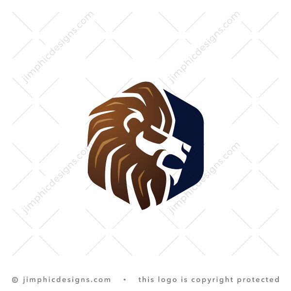 Lion Logo logo for sale: Sleek lion head and mane is shaped inside a 6 sided polygon shape.