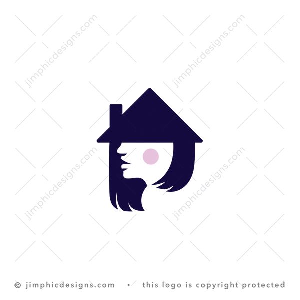 House Of Woman Logo logo for sale: Simplistic female face is shaped with white negative space in her hair, while wearing an iconic Asian hat with a roof attached to represent real estate.