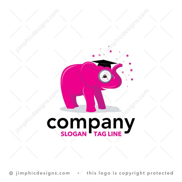 Educational Elephant Logo logo for sale: Modern and smooth pink elephant design with a graduation cap on his head and smiling grin in his eyes.