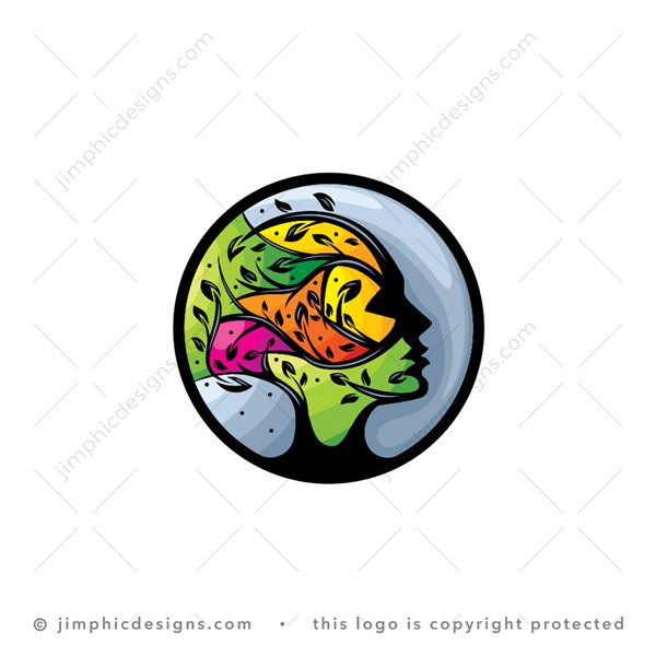 Tree Head Logo logo for sale: Sleek human head inside a circle takes the shape of a tree bending in the wind with different color compartments.