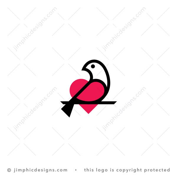 Love Bird Logo logo for sale: Very simplistic bird is shaped with thick lines around a big heart.
