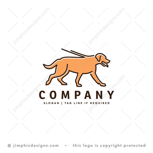 Dog Logo logo for sale: Simplistic dog design in a walking motion. The walking rope is also shown on the back of the dog.