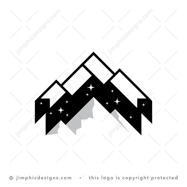 Conquer Mountain Logo logo for sale: Two simplistic flags in 3D, shapes mountains below them with a starry sky inside.