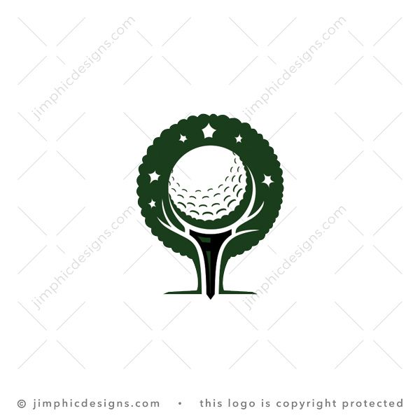 Golf Tee Tree Logo logo for sale: Round tree features a big golf ball in the center which is connected with the tree trunk.