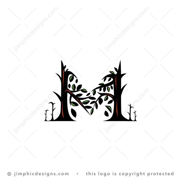 Nature Letter M Logo logo for sale: Uppercase letter M is designed with curly branches and leaves to arranged the letter M shape.