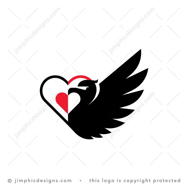 Love Eagle Logo logo for sale: Big iconic eagle bird with one wing opened wide shapes one side of a heart.