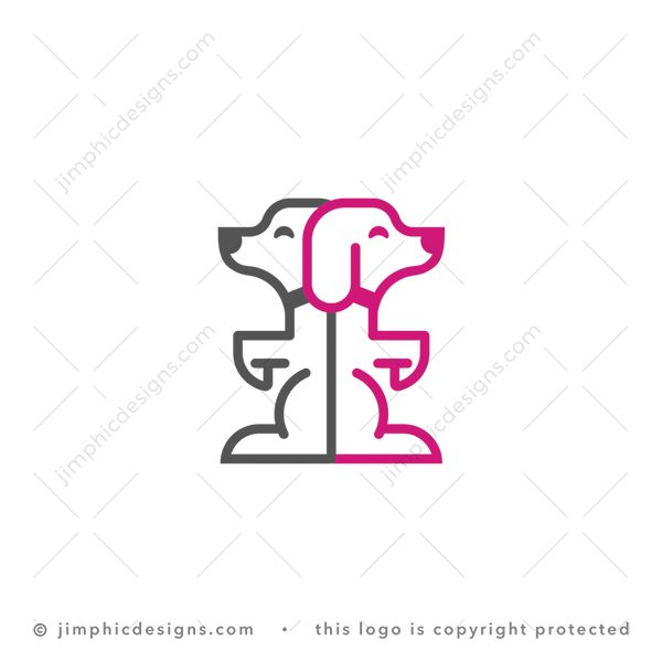 E Dogs Logo logo for sale: Two modern dogs sitting straight up and back to back against each other are shaping uppercase letter E's.