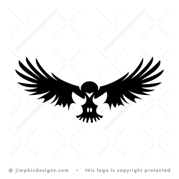 Raven Skull Logo logo for sale: Modern raven bird with his wings open and head down shaping a skull inside.