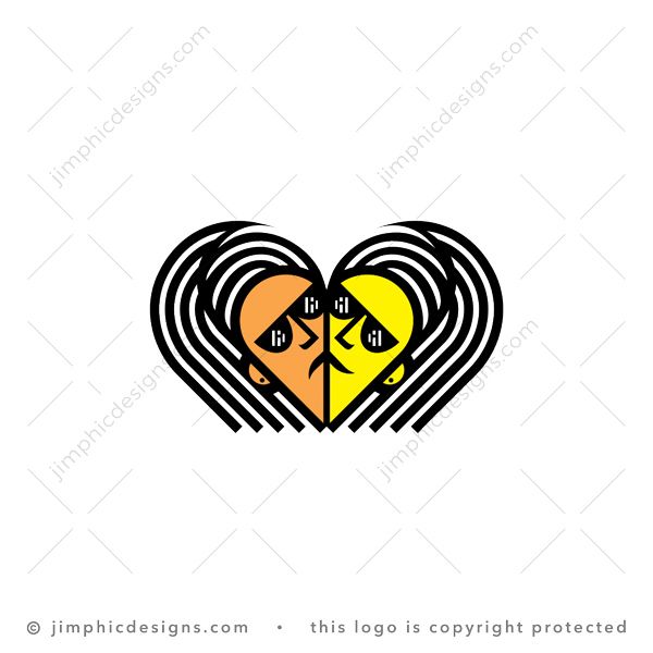 Heart Faces Logo logo for sale: Two faces wearing sunglasses and looking at each other is shaping a heart in the center. One face is happy while the other face is sad.