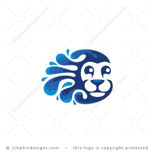 Water Lion Logo logo for sale: Happy looking lion head is shaped in a moving water splash graphic.