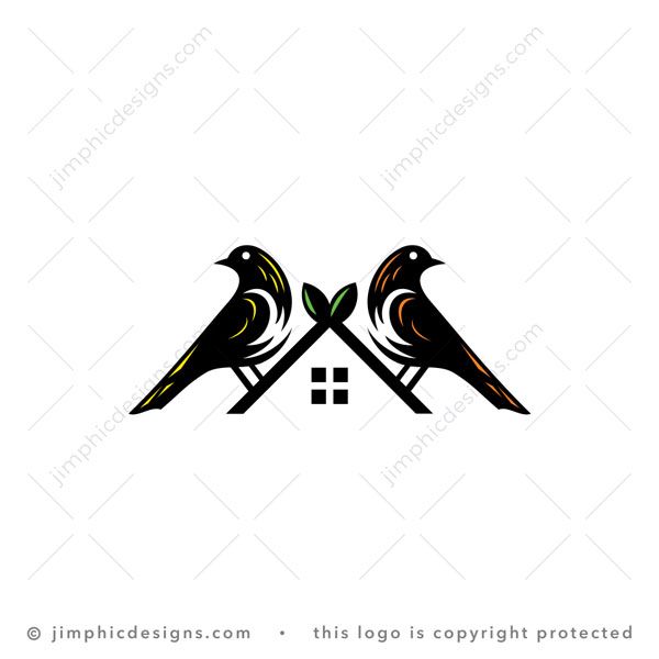Bird House Logo logo for sale: Two birds sitting on branches with leaves on the end of it, shapes an iconic roof.