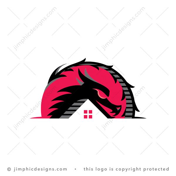 Dragon House Logo logo for sale: Sleek dragon head and tail design shapes an iconic house design in the center with the red sun behind.